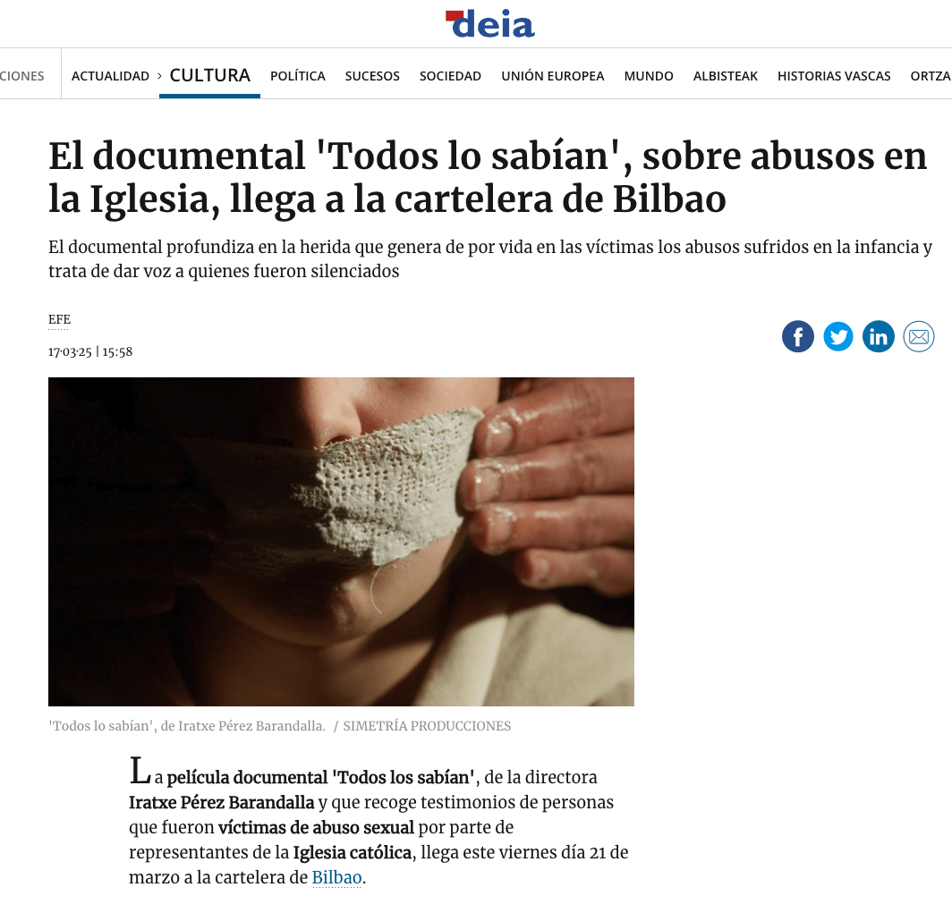 Deia - El documental 'Todos lo sabían', sobre abusos en la Iglesia, llega a la cartelera de Bilbao